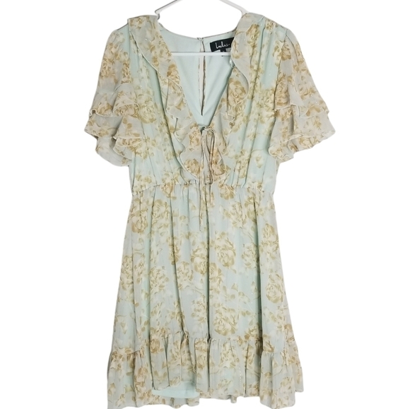 Lulu's Dreaming of Romance Mint Blue Floral Print Ruffled Skater Dress S Girly - Picture 3 of 16
